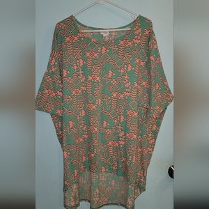 LuLaRoe Irma 3 XL Short Sleeve Top shirt high low Aqua Green Coral Pattern